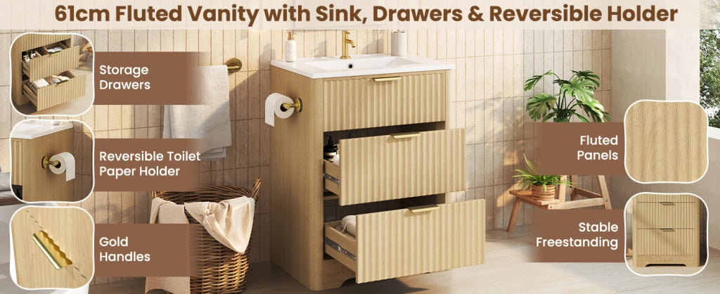 Mobile bagno 61 cm con lavabo in ceramica, cassetti e portarotolo montabile su entrambi i lati, finitura effetto legno e maniglie dorate, senza rubinetto
