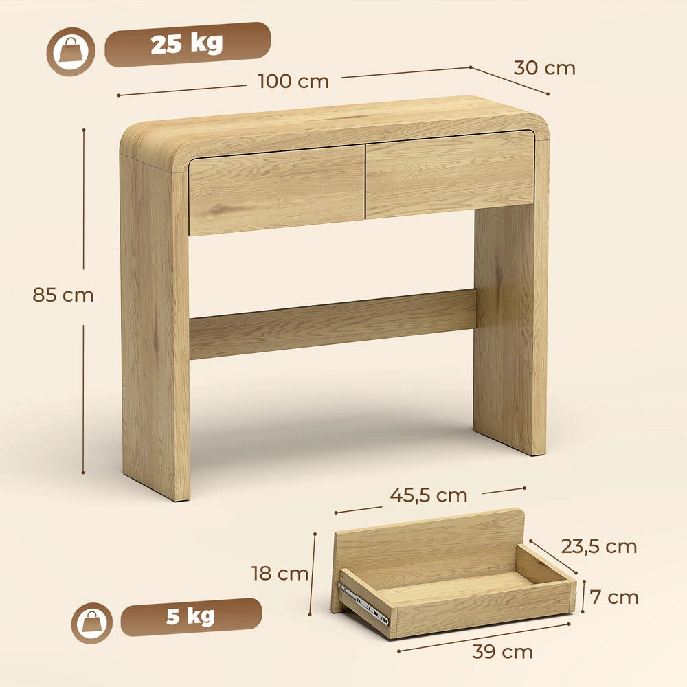 Tavolo consolle con 2 cassetti per ingresso e soggiorno, mobile in legno naturale, piano spesso e angoli arrotondati, 100 x 30 x 85 cm