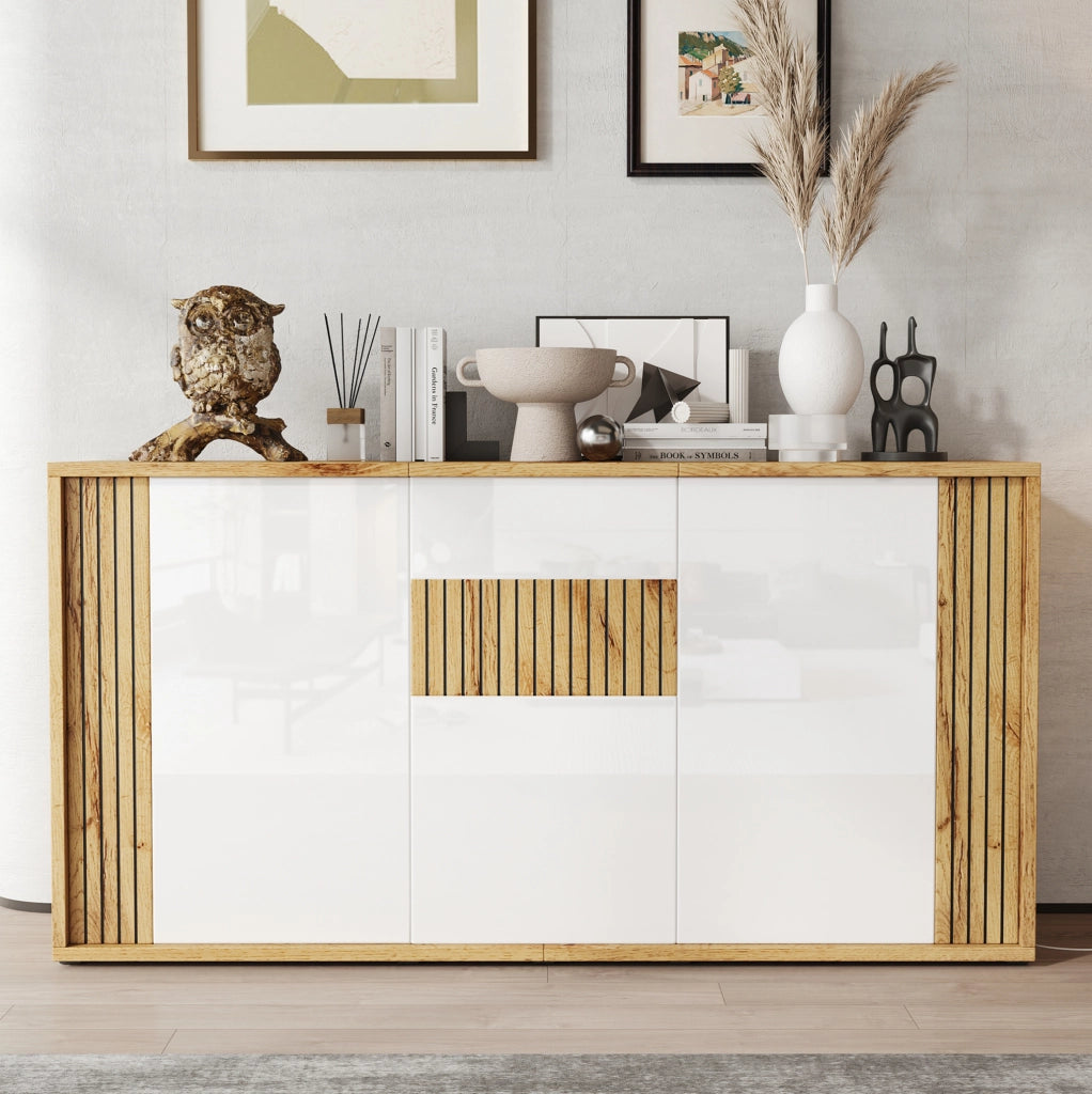 Credenza moderna a 3 ante bianca e color legno naturale, 140 x 35 x 71 cm