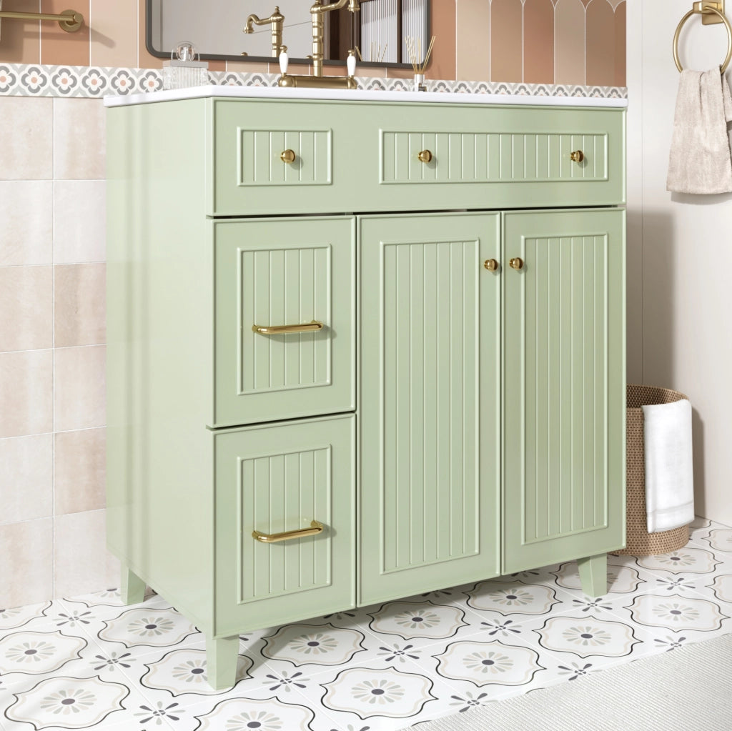 Mobile da bagno indipendente con lavabo in ceramica 81,7 cm, struttura in MDF laccato, piedi in legno massello di pino, colore verde