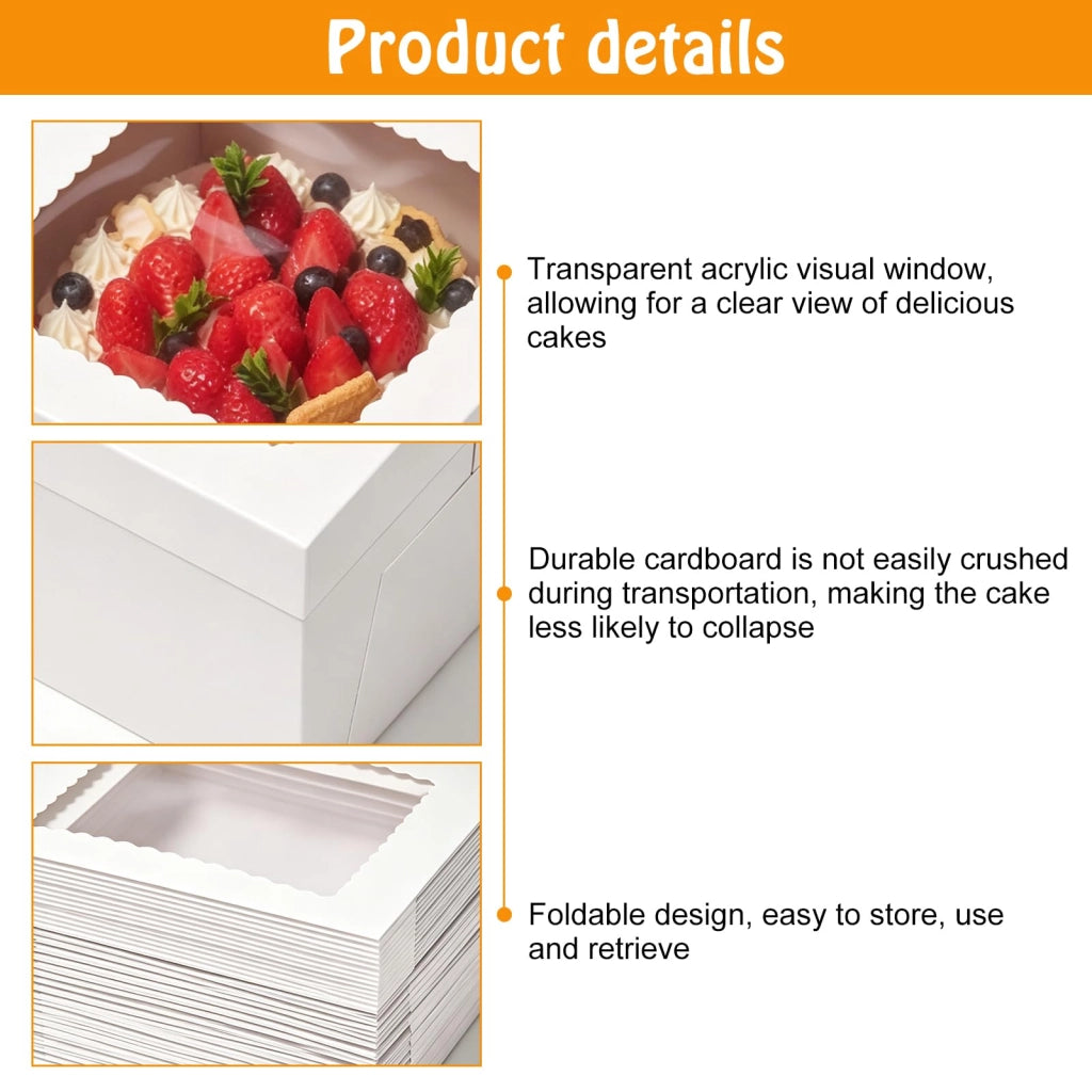 Scatola per torte, dimensioni 25x25x20 cm, confezione da 10 pezzi, colore bianco con vetrina