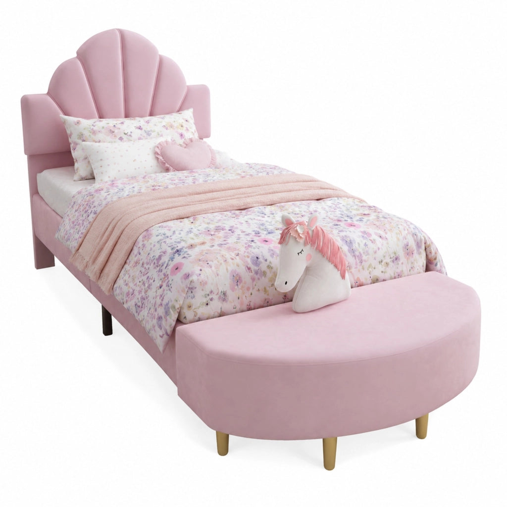 Letto singolo imbottito con testiera in velluto rosa e panca abbinata 90x200 cm