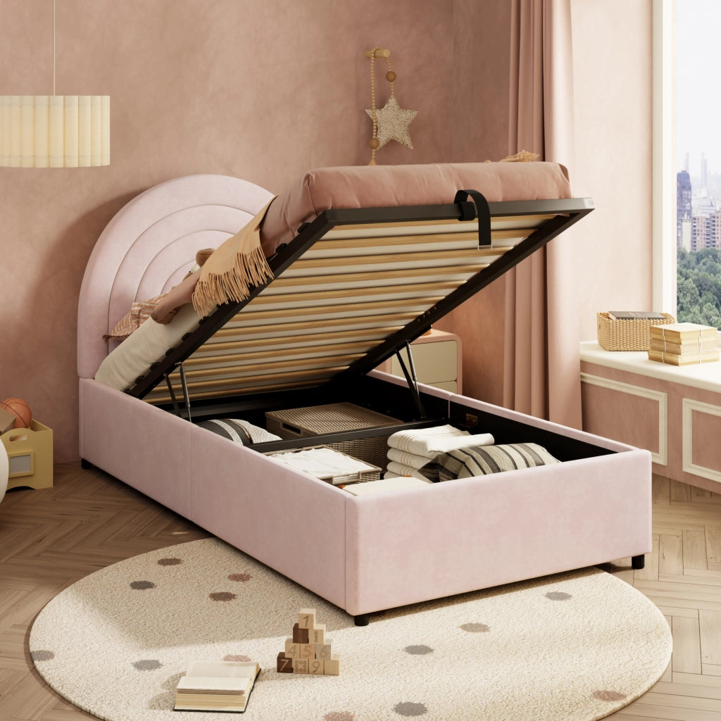 Letto 90x200 cm con contenitore idraulico in velluto rosa