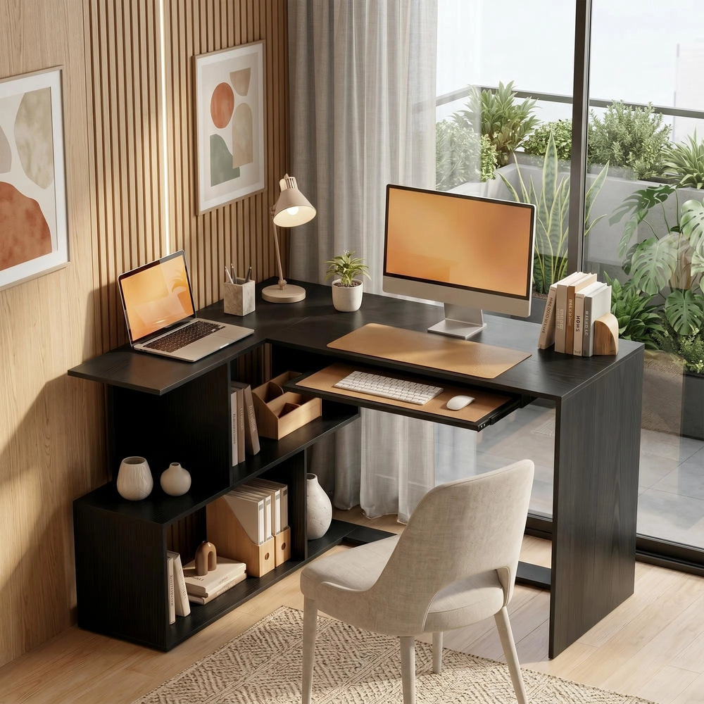 Scrivania Angolare per Computer a L con Ripiano Tastiera e 4 Scomparti Salvaspazio 120 x 100 x 76 cm Nero
