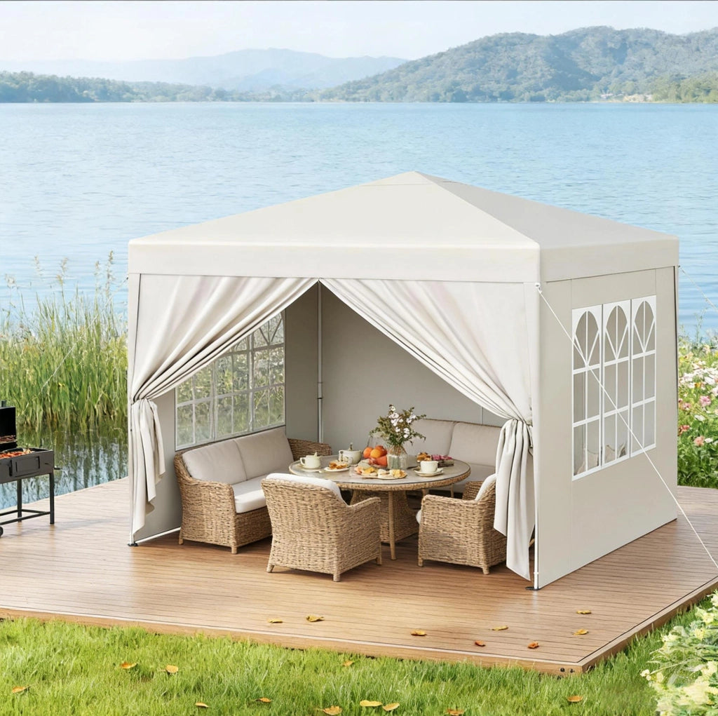 GAZEBO Pieghevole 3 x 3 m Altezza regolabile Beige con pareti laterali