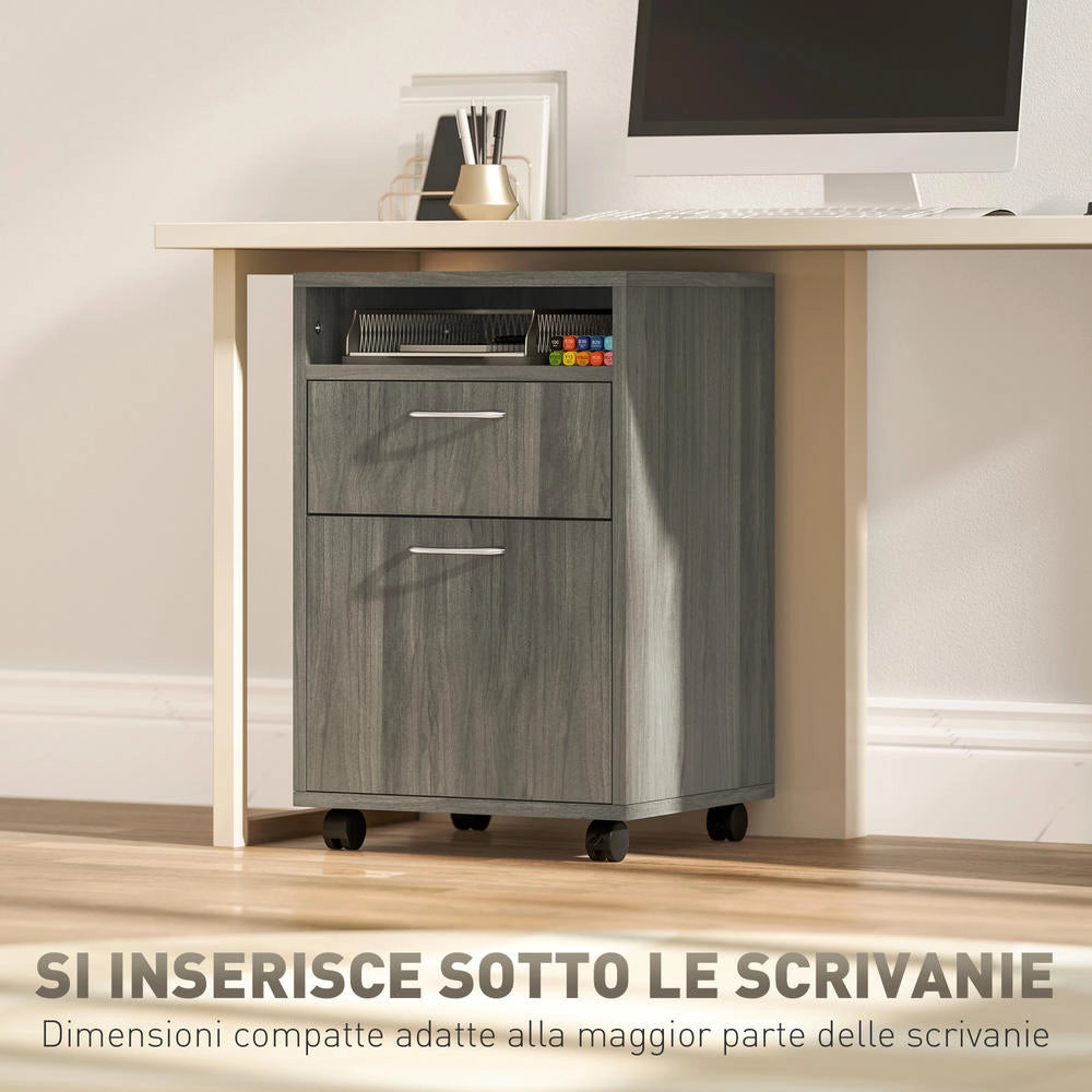 Cassettiera Portadocumenti con 4 Ruote e Ripiano Aperto, Mobiletto in Legno e Metallo, Pratico e Salvaspazio, per Casa e Ufficio, 40x35x60 cm, Grigio