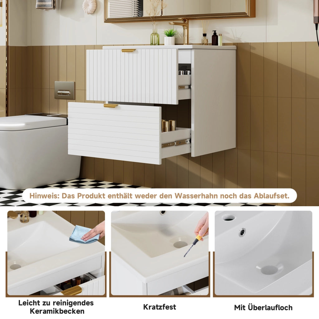 Mobile lavabo sospeso 61 × 46 × 57 cm con due cassetti silenziosi in MDF laccato bianco e lavabo in ceramica