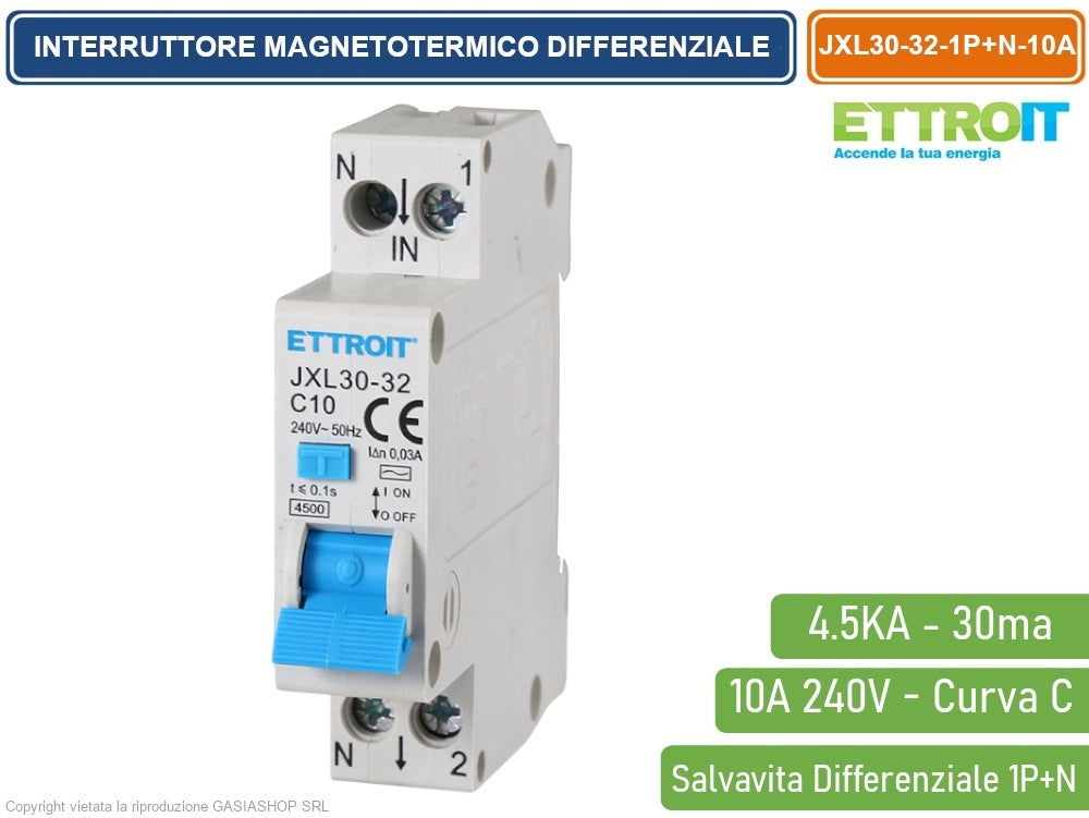 ETTROIT INTERRUTTORE MAGNETOTERMICO DIFFERENZIALE SALVAVITA PER BARRA DIN 1 MODULO 1P+N 10A C10 240V 30mA 4.5KA