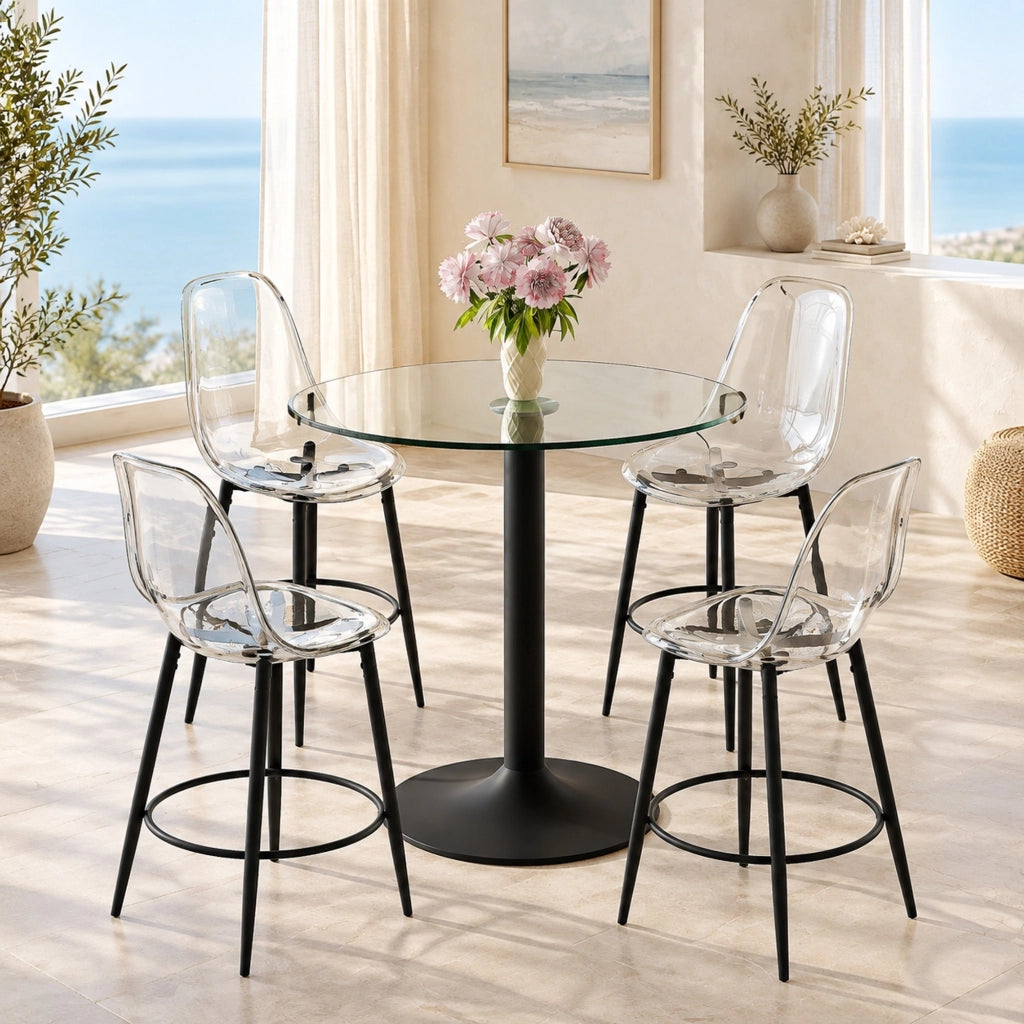 Set tavolo bar Ø 89 cm e 4 sgabelli con schienale in PET; vetro; metallo e plastica; nero e trasparente