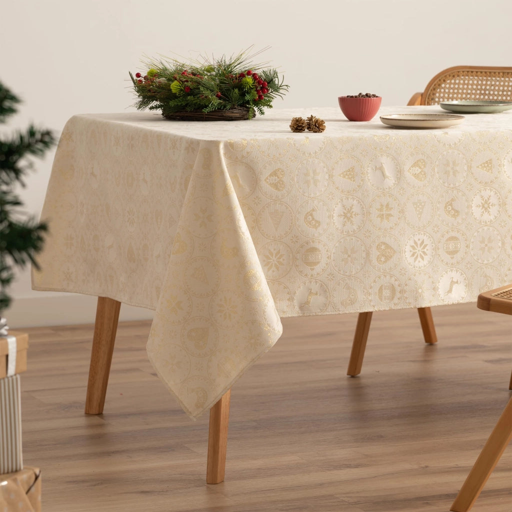 Tovaglia natalizia in tessuto jacquard, 140x140 cm, con fili dorati