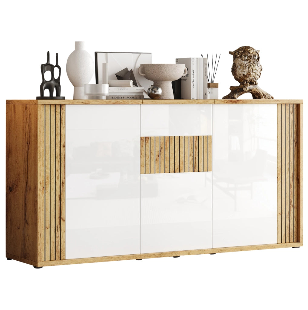 Credenza moderna a 3 ante bianca e color legno naturale, 140 x 35 x 71 cm