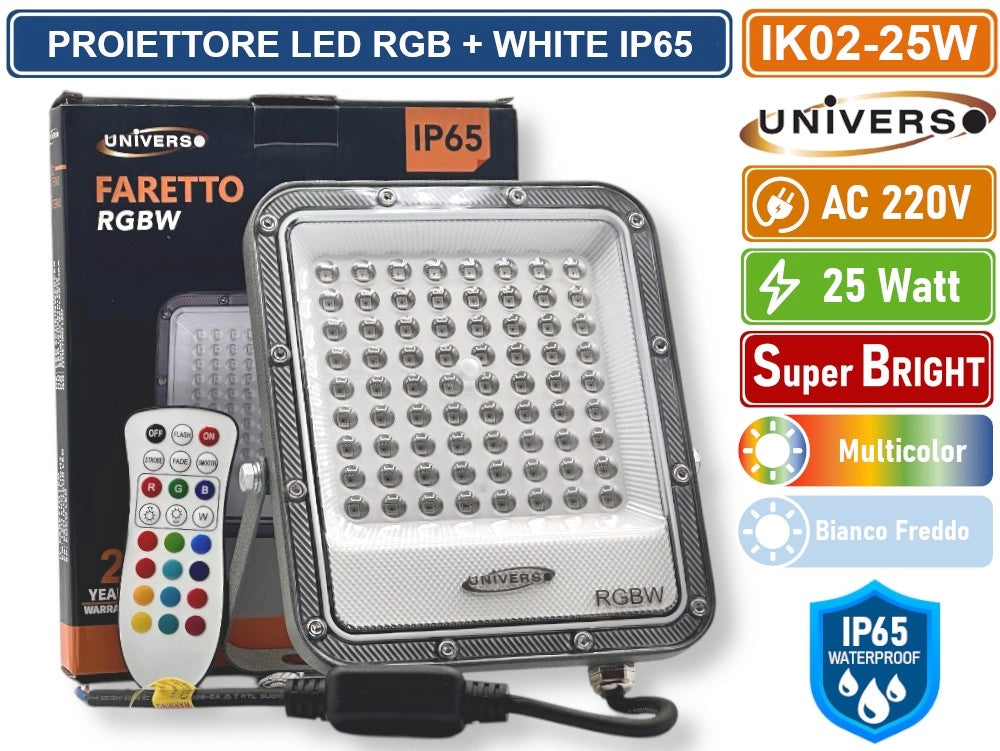 UNIVERSO IK02-25W PROIETTORE FARO LED SMD MULTICOLE RGB + WHITE 25W DA ESTERNO CON TELECOMANDO