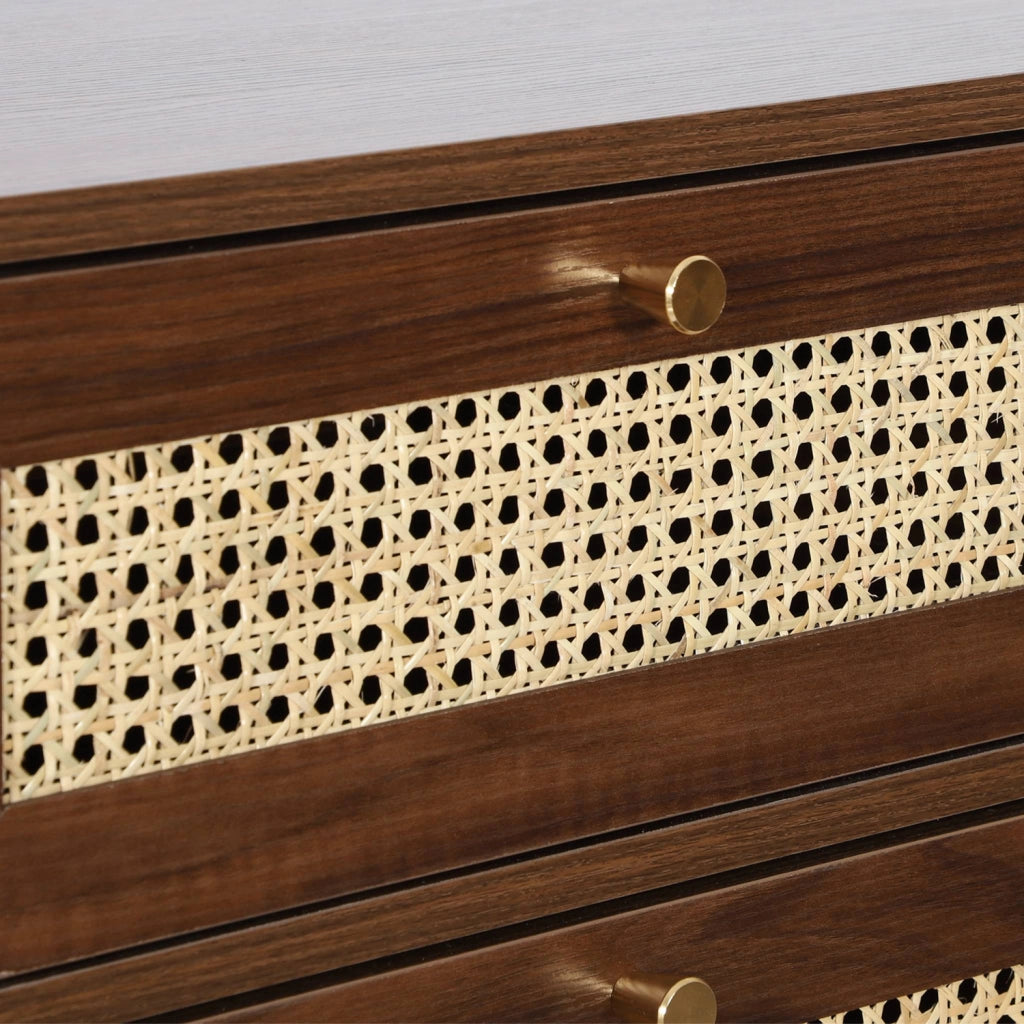 Cassettiera in legno e canna con 4 cassetti, noce