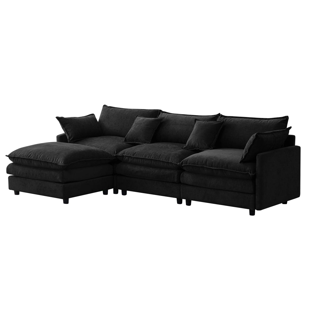 Divano angolare modulare 3 posti con pouf mobile e cuscini sfoderabili, struttura in legno, in ciniglia nera