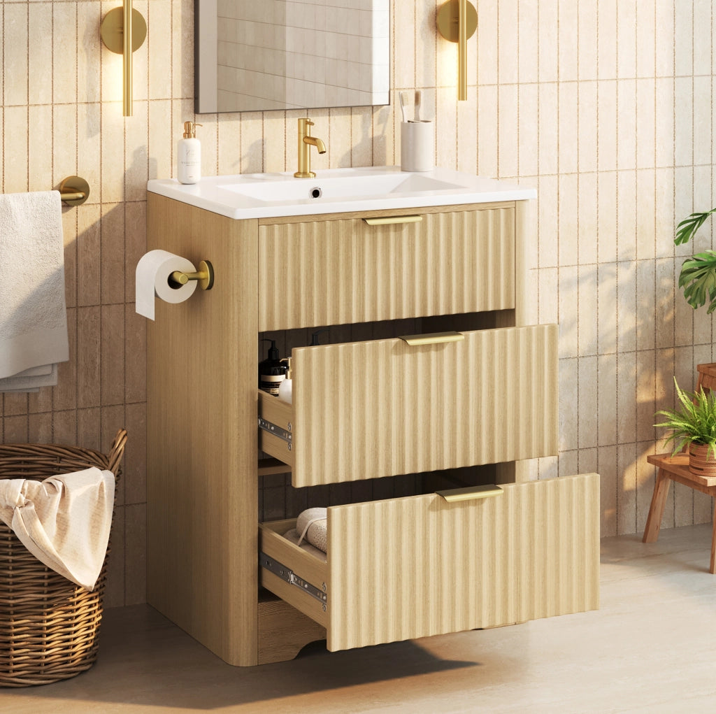 Mobile bagno 61 cm con lavabo in ceramica, cassetti e portarotolo montabile su entrambi i lati, finitura effetto legno e maniglie dorate, senza rubinetto