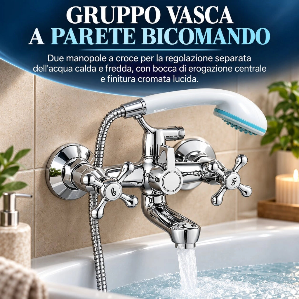 Rubinetto Gruppo Vasca Parete Cromato 2 Manopole Croce Deviatore 52349A