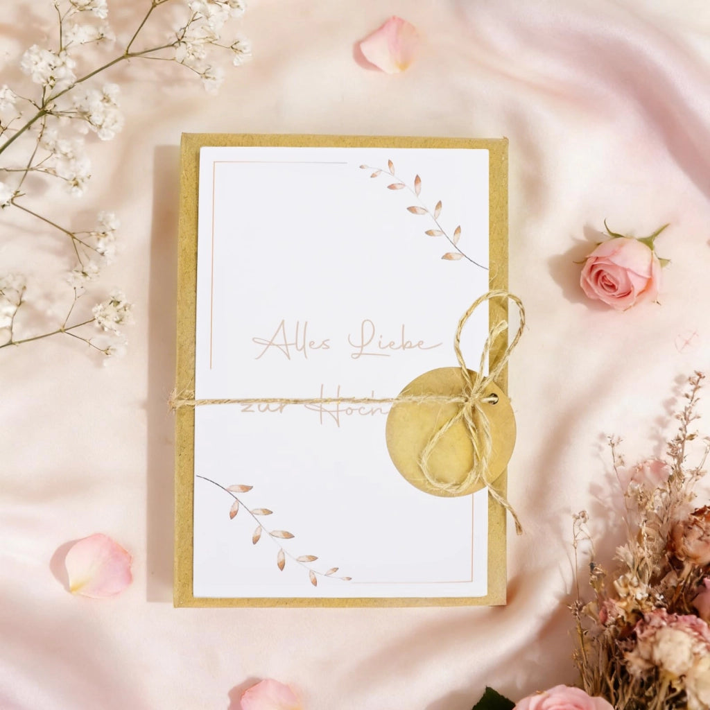 Scatola per il regalo di denaro per il matrimonio, con biglietto e fiori secchi