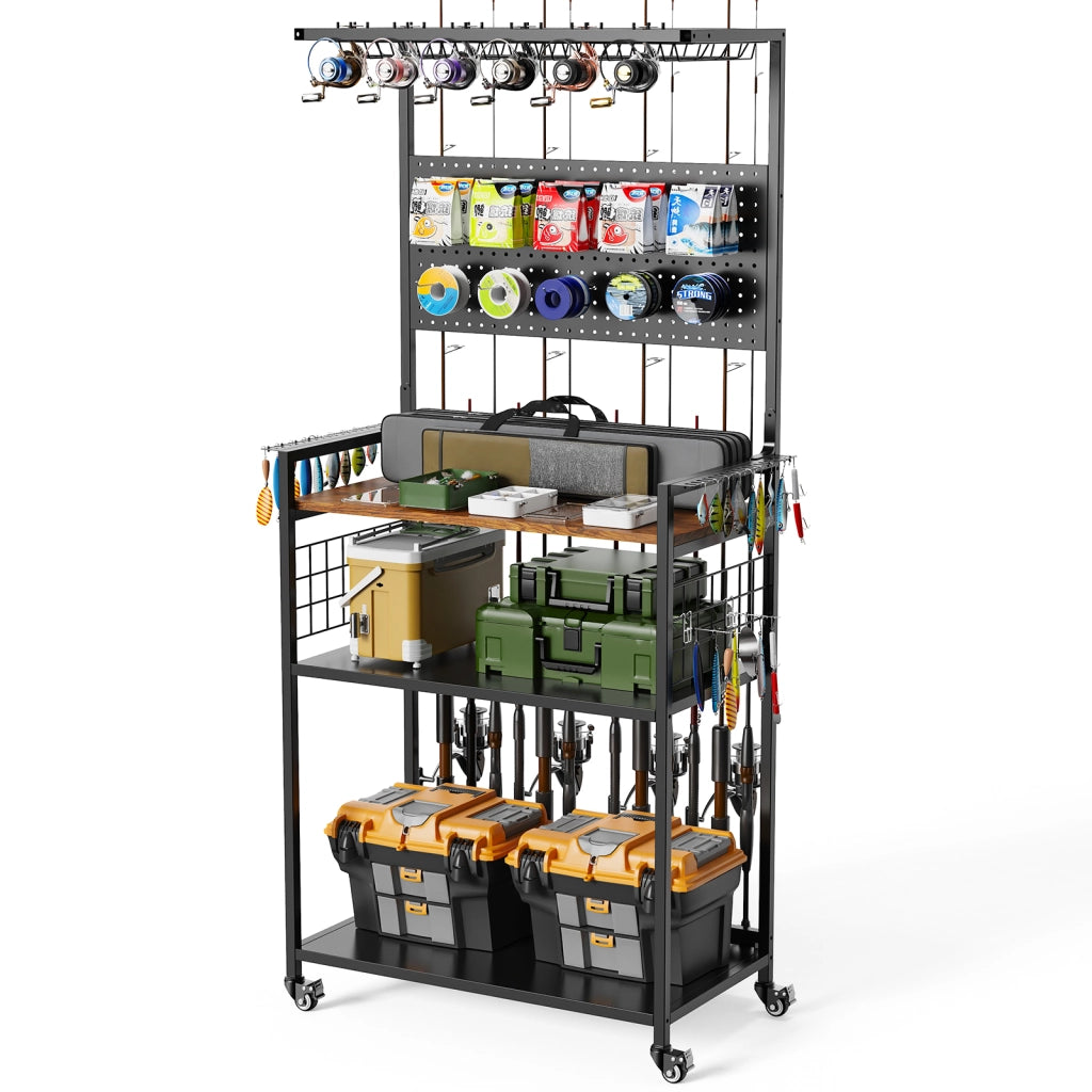 Supporto per canne da pesca con pannello appendibile, carrello con ruote, scaffale multilivello per canne, mulinelli, valigie e borse da pesca