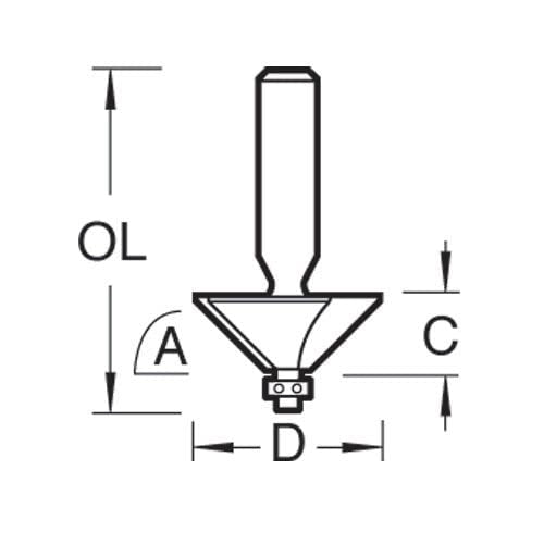 Fresa per smussi in miniatura gambo 1/4", 45°, diametro 14,3 mm, lunghezza di taglio 6,35 mm, metallo duro