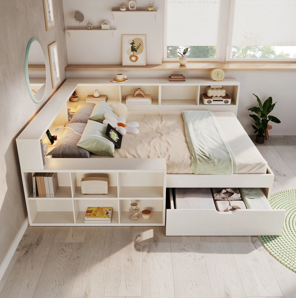 Letto con contenitore 140 x 190 cm bianco con luci e prese di ricarica