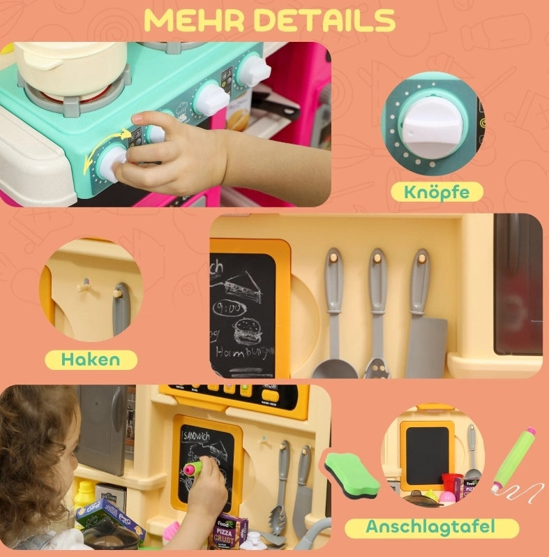 Cucina giocattolo per bambini 3-6 anni con rubinetto elettrico e 85 accessori