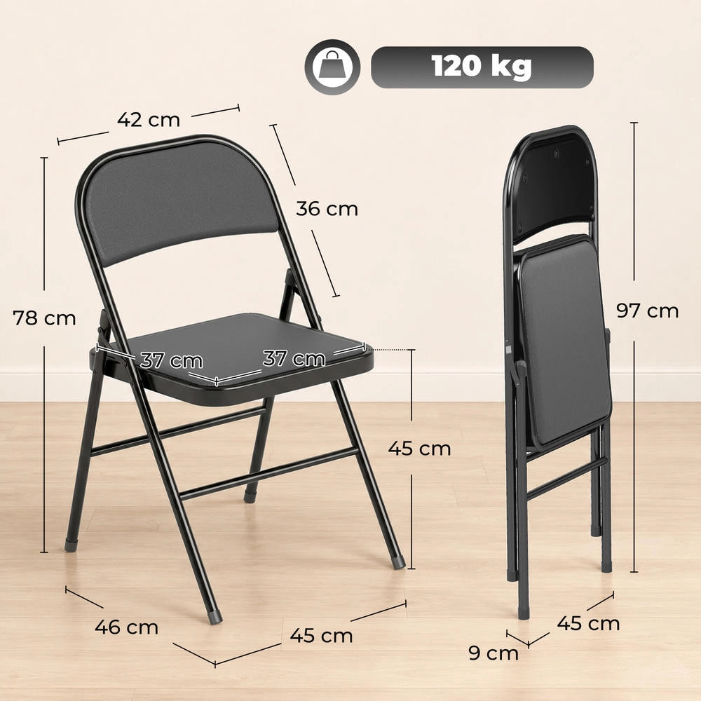 Sedie Pieghevoli Imbottite in Finta Pelle PU e Metallo, Set da 4 Salvaspazio, Sedute Richiudibili per Casa, 45x46x78 cm, Nero