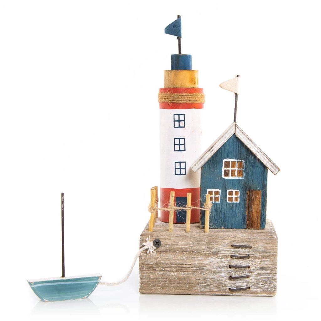 Decorazione marina in legno, casa e faro, 26 cm