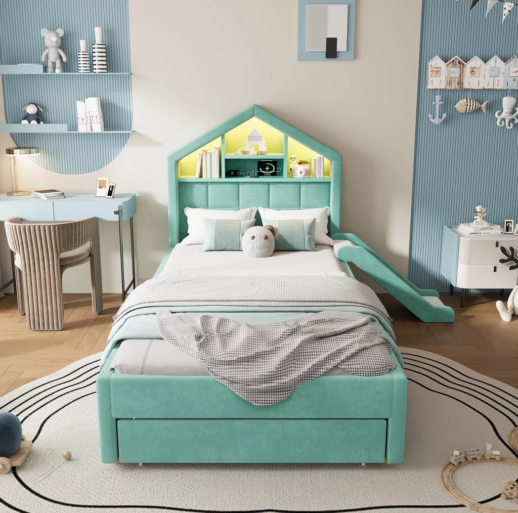 Letto per bambini 90x200 cm blu-verde con scivolo, LED e cassetto