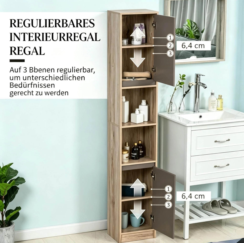 Mobile alto e stretto da bagno grigio e rovere con ripiani regolabili