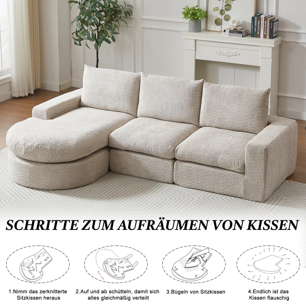 Divano modulare in ciniglia beige con seduta allungata reversibile