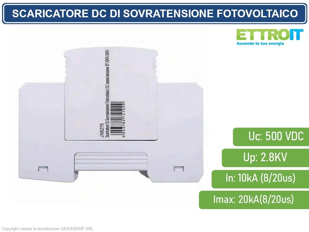 ETTROIT - SCARICATORE LIMITATORE DI SOVRATENSIONE DC PER FOTOVOLTAICO TIPO 2 T2 D 2P DC 500V 2.8KV 10KA OCCUPA 2 MODULI DIN