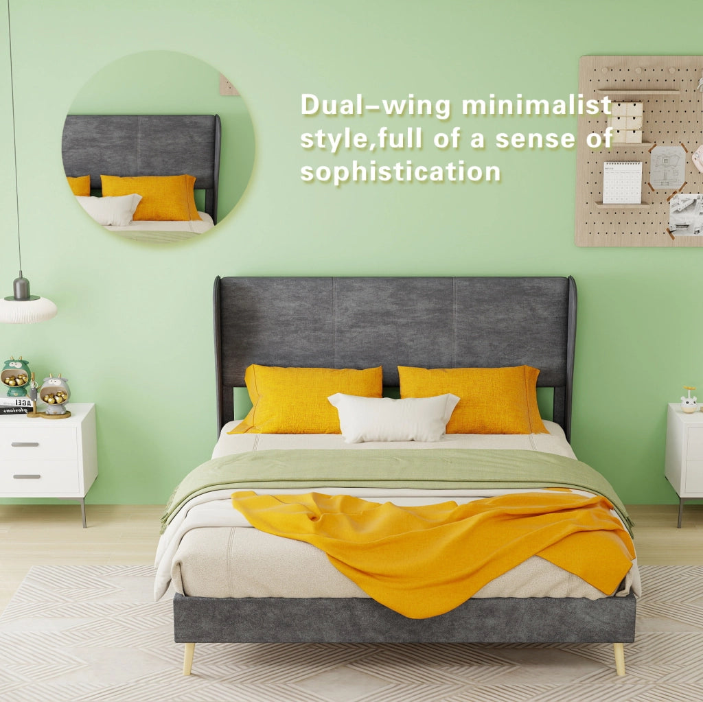 Letto imbottito moderno 140x200 cm con testiera morbida grigia, struttura bassa senza contenitore