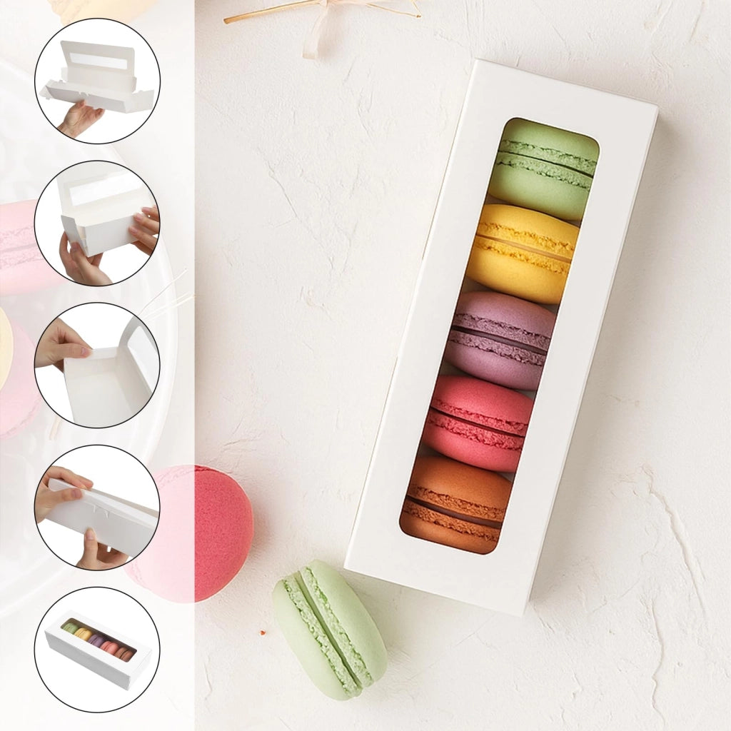 Scatola per macaron, 10 pezzi, trasparente, bianca, 20,5x7x5 cm, con finestra