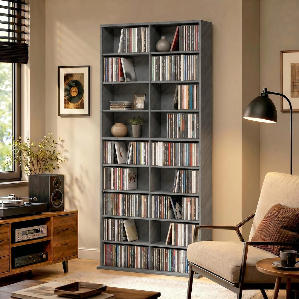 Scaffale porta CD e DVD a 18 scomparti con 14 ripiani regolabili mobile multimediale salvaspazio grigio chiaro 78,5x24x175cm