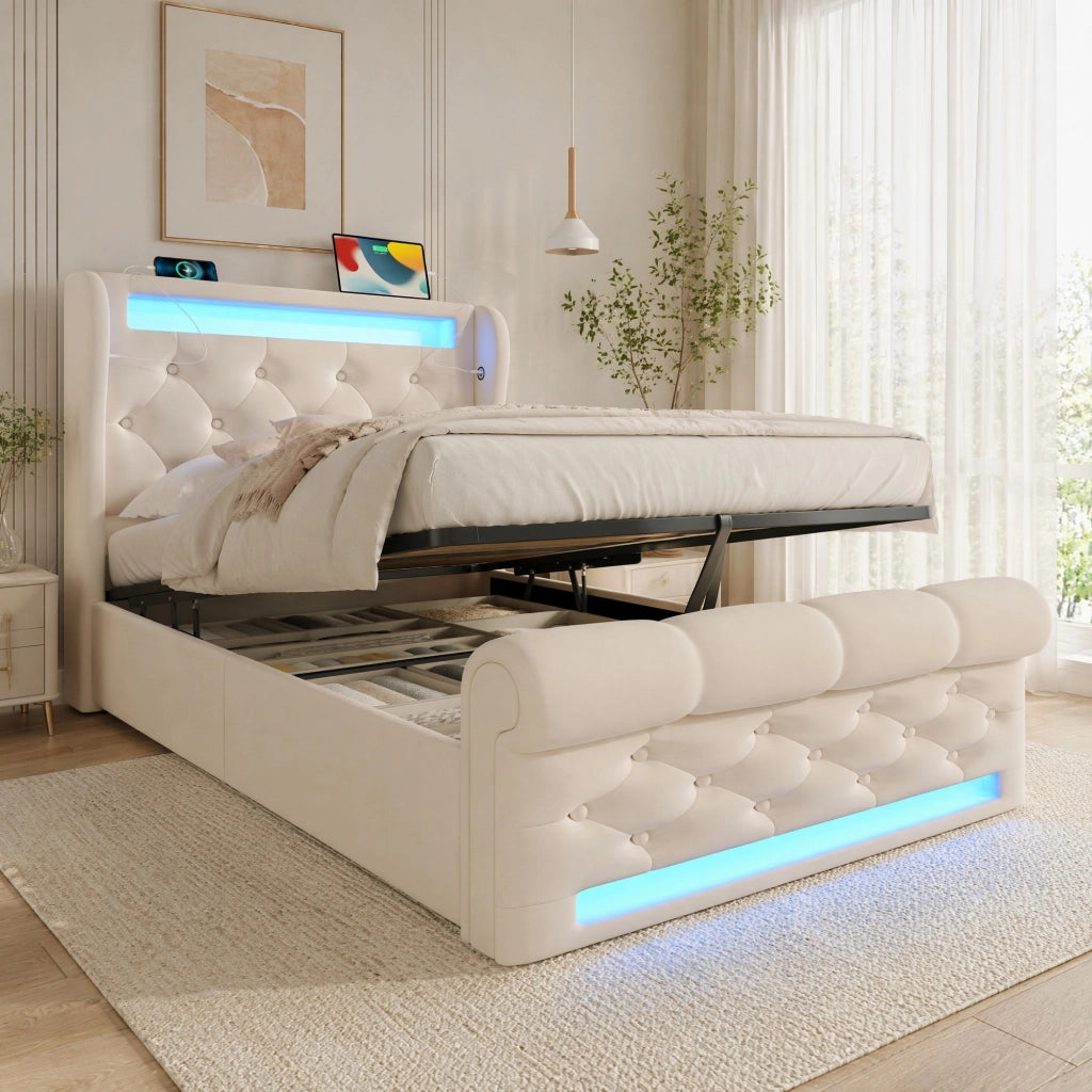 Letto contenitore 140 ¡Á 200 cm con LED; USB e Type-C; vano nella testiera; rivestito in lino grigio