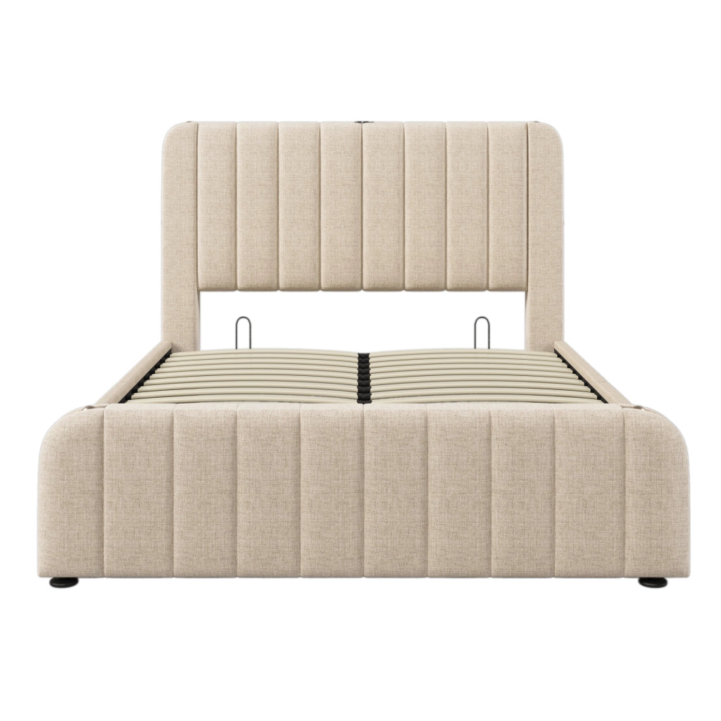 Letto matrimoniale imbottito 140x200 beige con contenitore