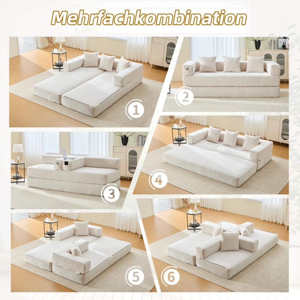 Modulo divano componibile in ciniglia beige con tasche laterali