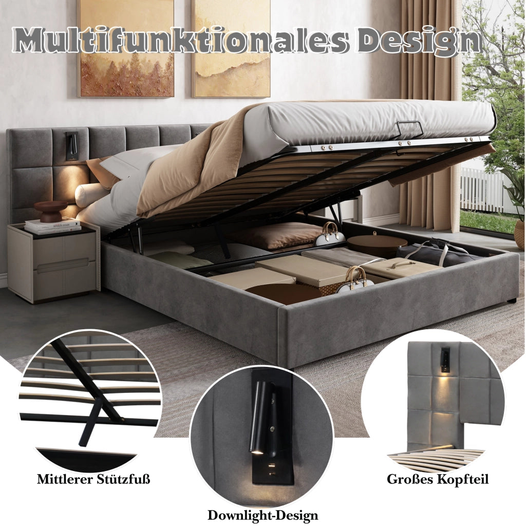 Letto matrimoniale imbottito 180 × 200 cm contenitore idraulico in acciaio grigio con luce da lettura e USB