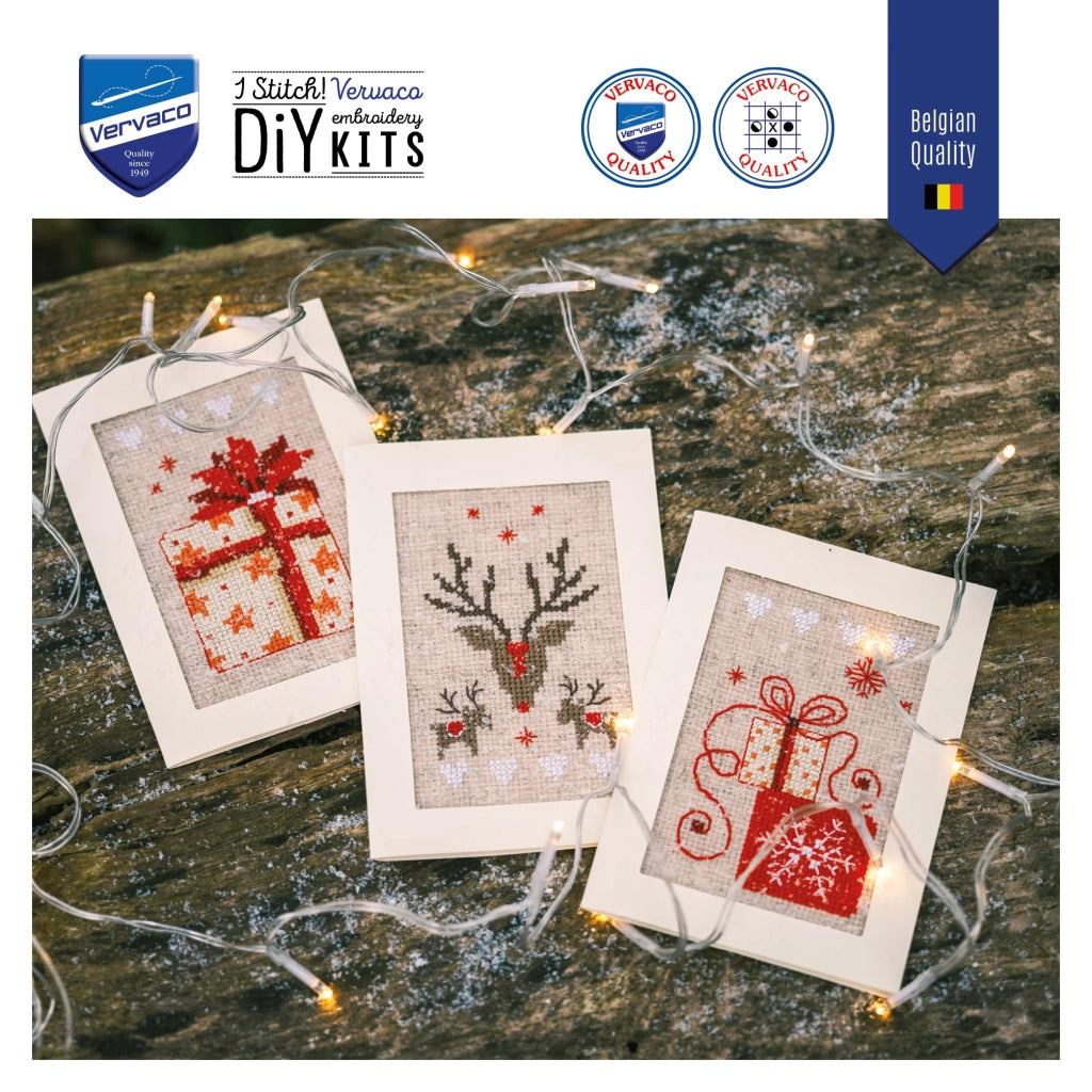 Set di biglietti da collezione con ricami a punto croce, confezione da 3, dimensioni 10x15 cm, tema natalizio