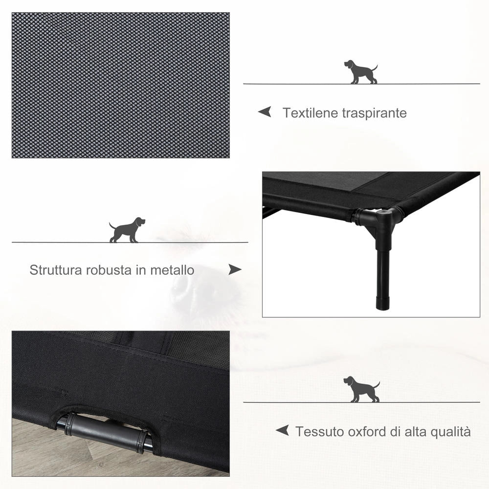 Brandina per Cani Grandi Rialzata in Metallo e Tessuto Oxford con Borsa di Trasporto, Letto Traspirante per Casa e Giardino, 92x76x18cm, Nero