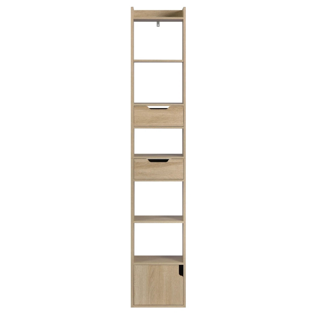 Libreria alta e stretta rovere chiaro con 6 ripiani e 2 cassetti