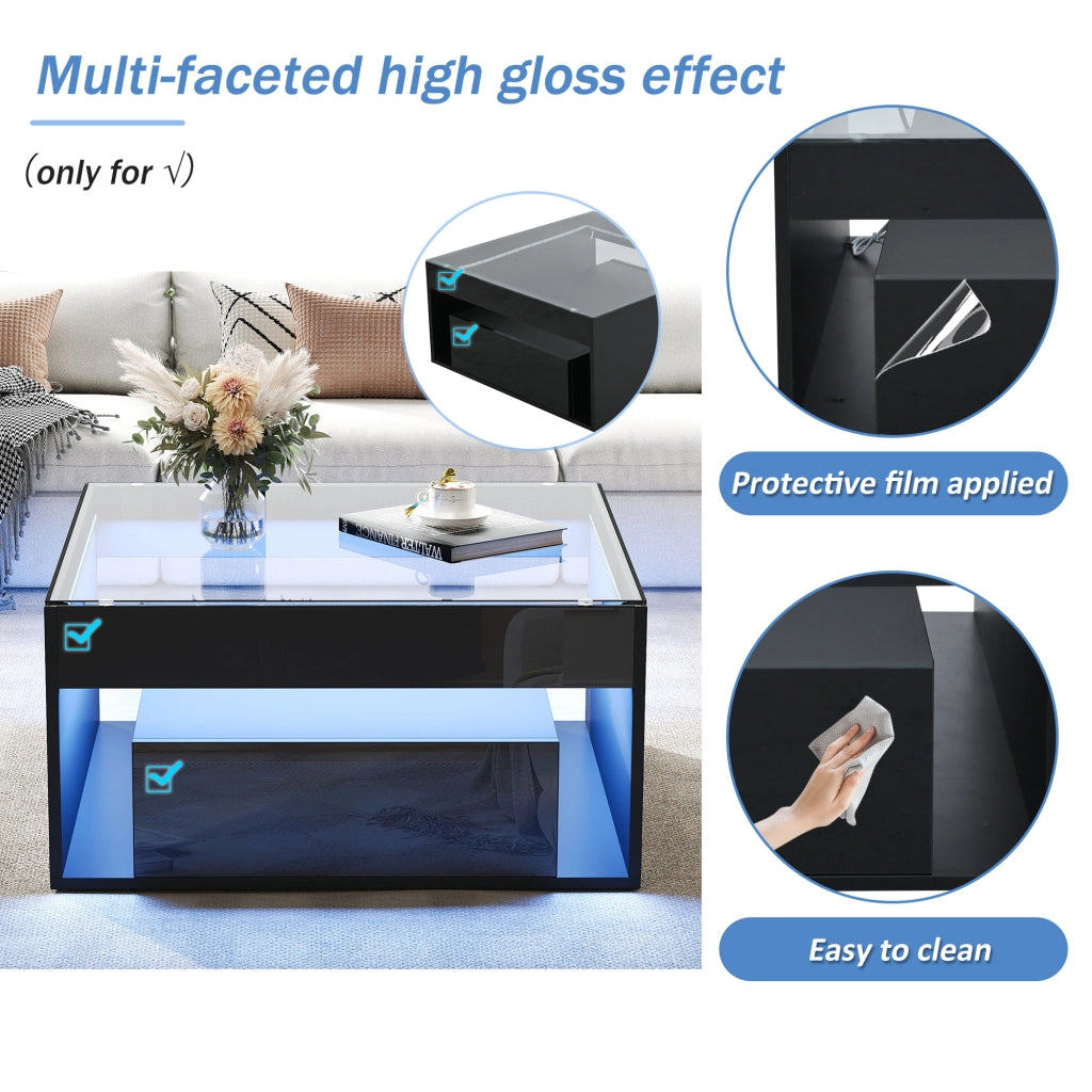 Tavolino da salotto 70 × 70 × 35 cm con 2 cassetti LED controllabile via app piano in vetro temperato MDF nero
