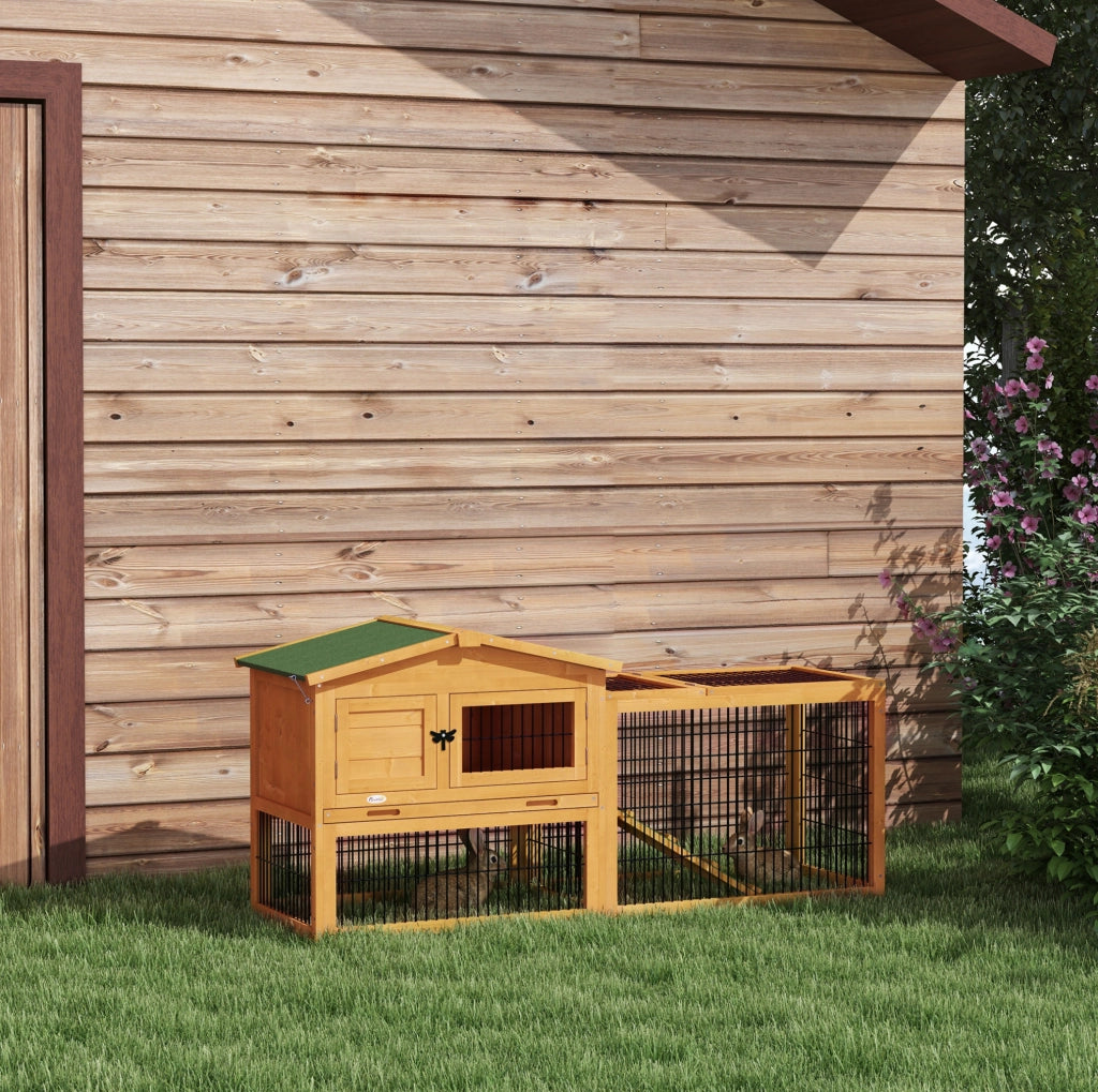 Conigliera a 2 livelli 150x52x68 cm in legno giallo con recinto esterno e rampa