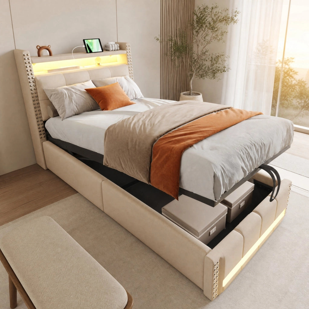 Letto singolo imbottito 90 × 200 cm con contenitore idraulico USB LED in tessuto di lino beige