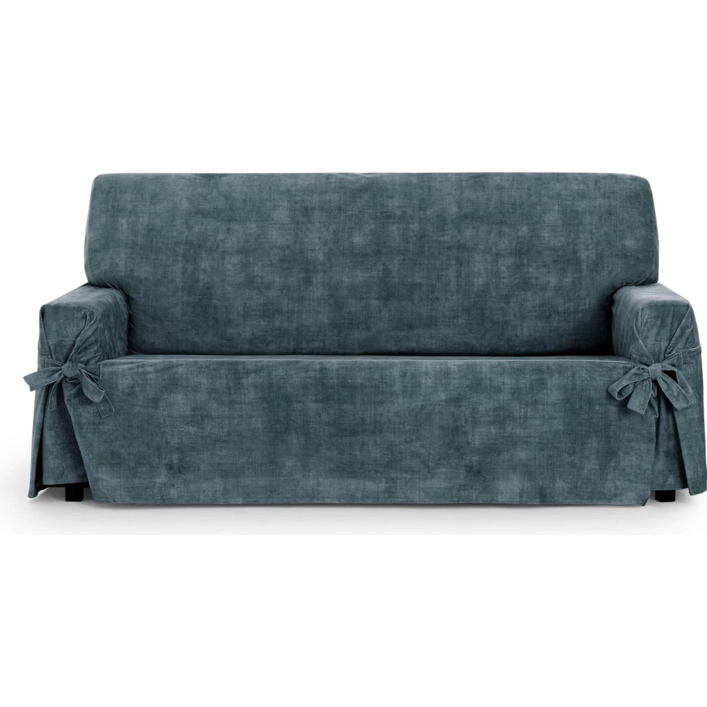 Divano a due posti, rivestito in velluto blu, antimacchia, con decorazioni a forma di fiocco