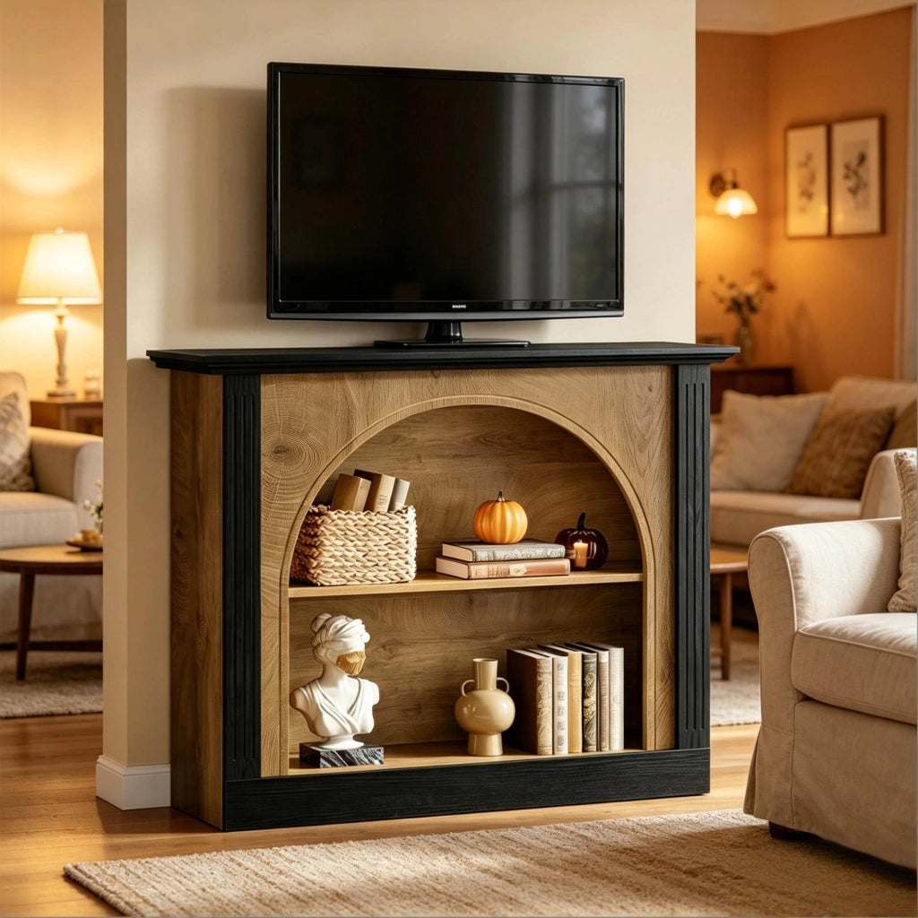 Mobile TV 110x30 cm in legno nero e rustico, stile Mid-Century