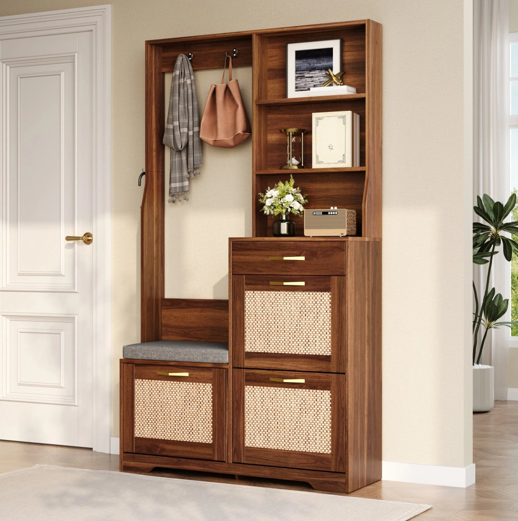 Mobile ingresso 100x30x170 cm in MDF noce con panca e scarpiera