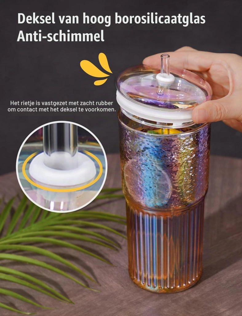 Bicchiere di vetro da 650 ml con coperchio e cannucce, confezione da 2, effetto iridescente