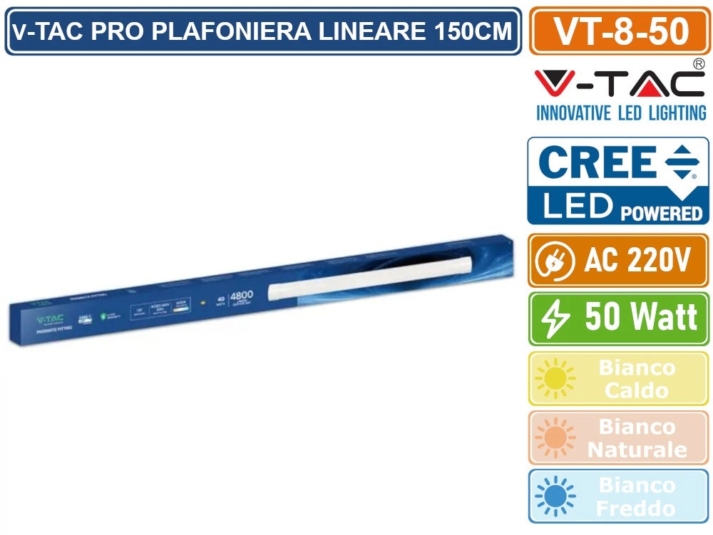 V-TAC VT-8-50 TUBO LED PRISMATICO PLAFONIERA 50W LAMPADINA 150CM CHIP LED CREE IP20 - Colore Luce:Bianco Freddo