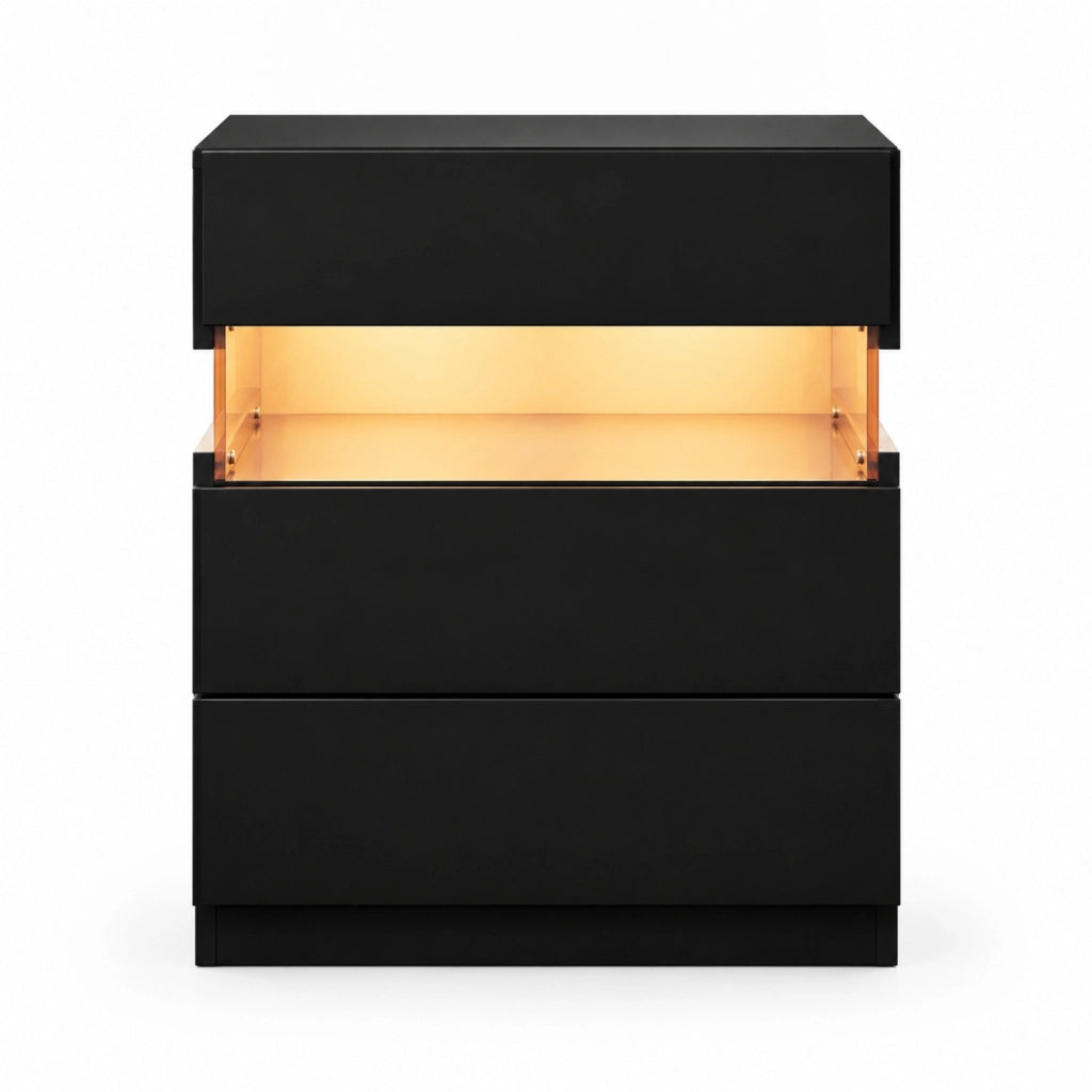 Comodino LED con 3 Cassetti e Pannello Acrilico Nero per Camera da Letto e Soggiorno